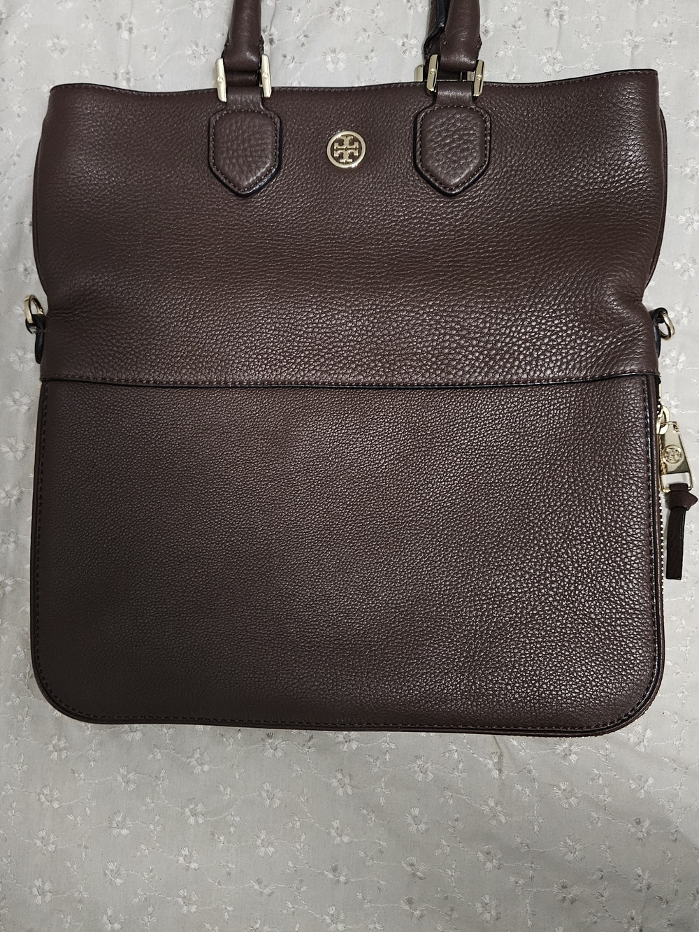 Tory Burch Dark Brown Pebbled Leather Laptop Tote with Gold Logo